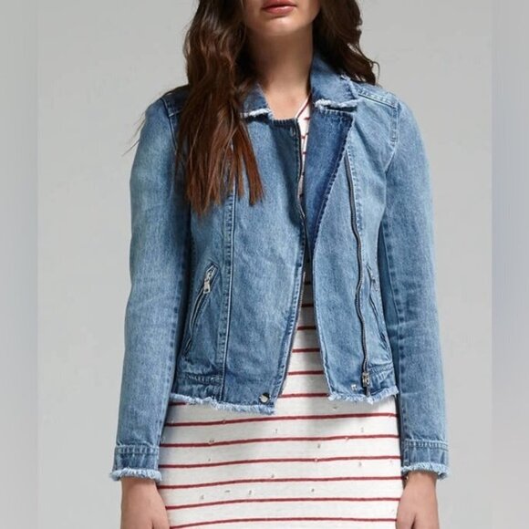 Rebecca Taylor | Washed Denim Cutoff Raw Hem Moto Jacket - Size M - Picture 1 of 14